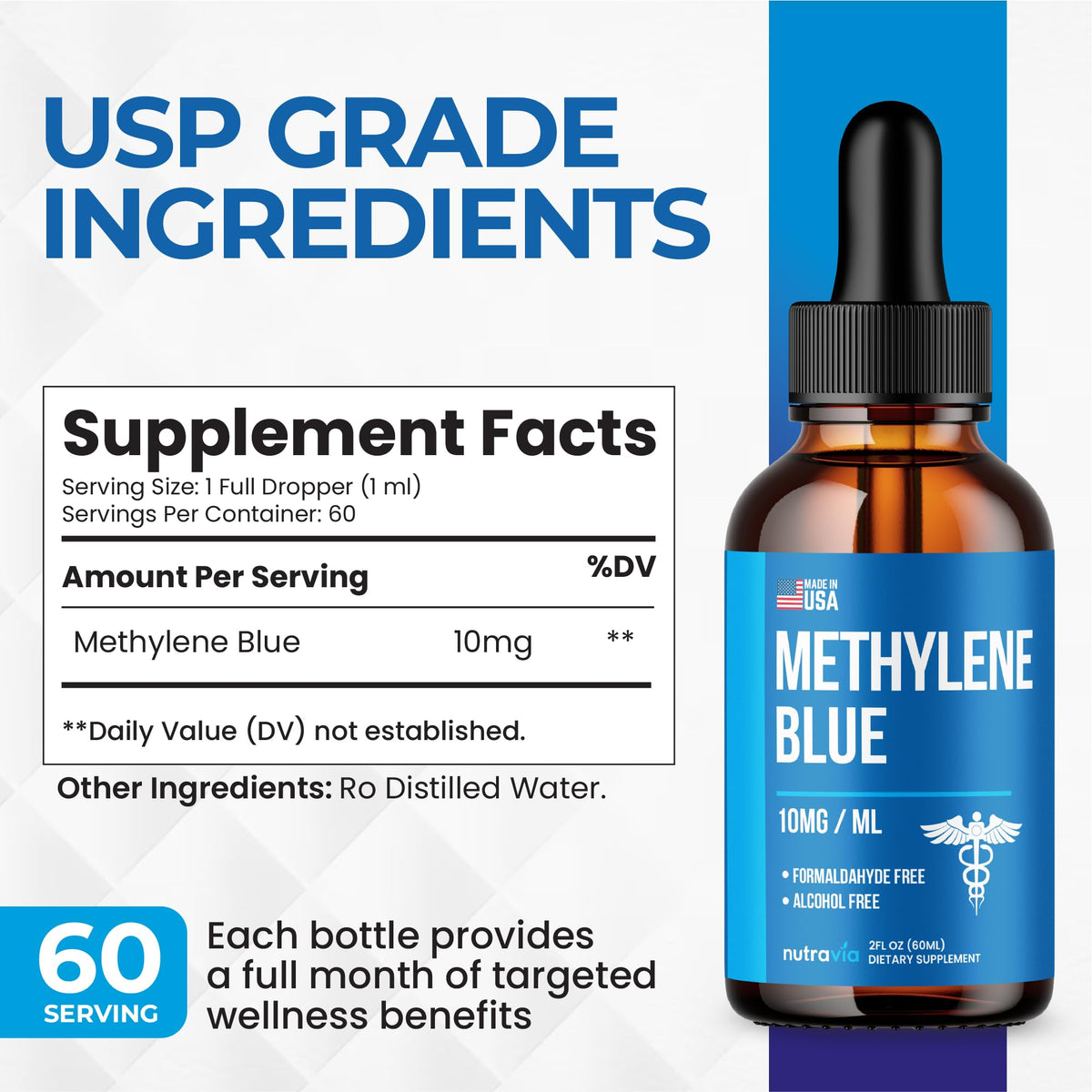 Gouttes de Bleu de Méthylène 1% Nutravia, flacon avec gouttes visibles