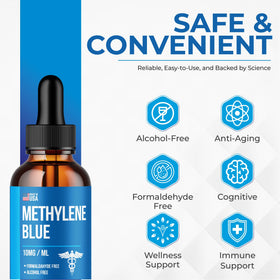 Gouttes de Bleu de Méthylène 1% Nutravia, mise en scène avec des compléments alimentaires