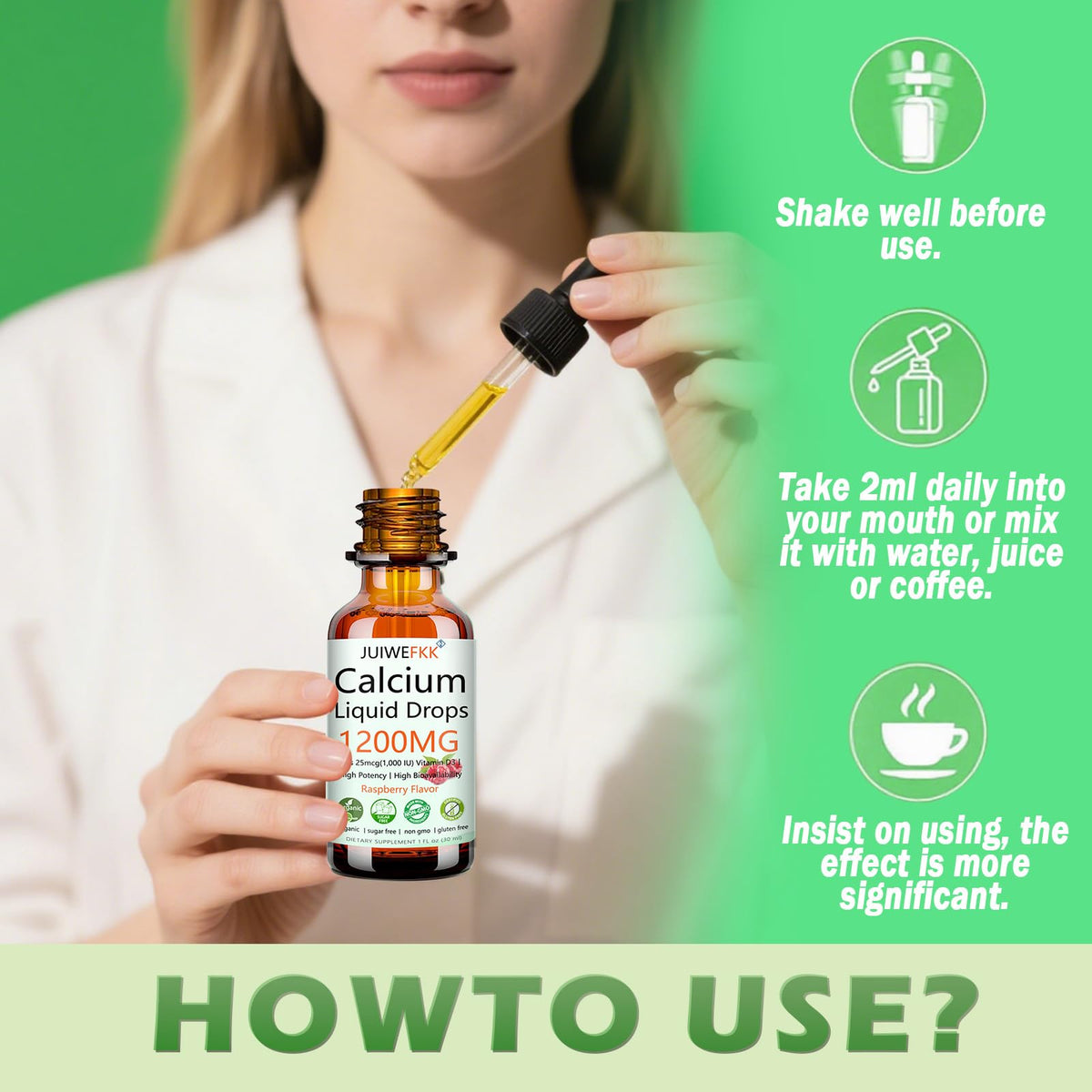 Gouttes de Calcium 1200mg avec Vitamine D3 sur une table