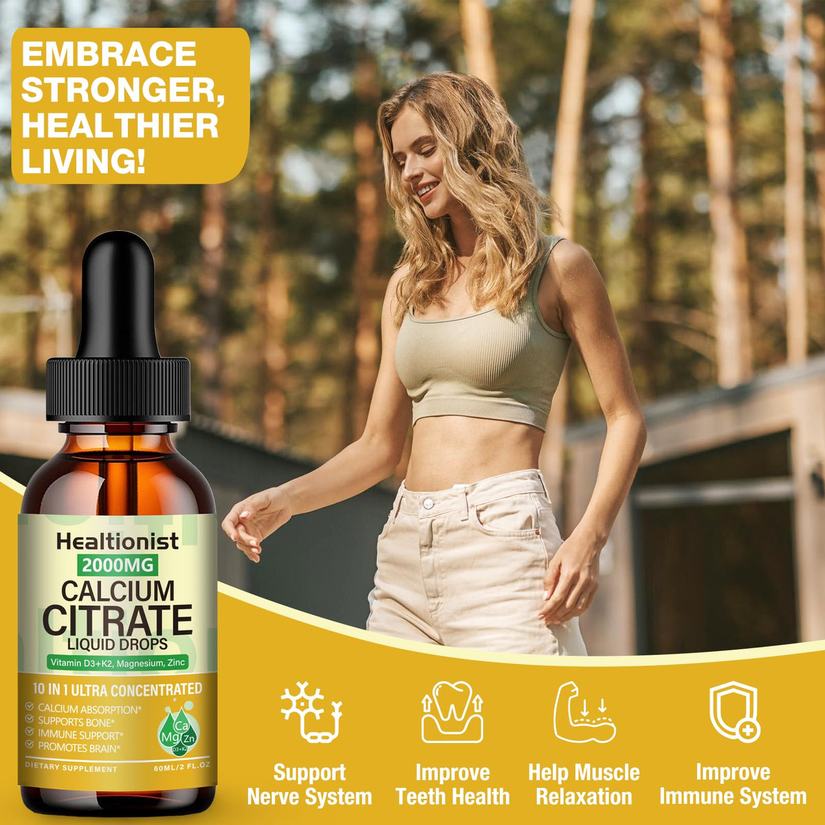 Gouttes de Calcium Citrate avec des fruits frais en arrière-plan