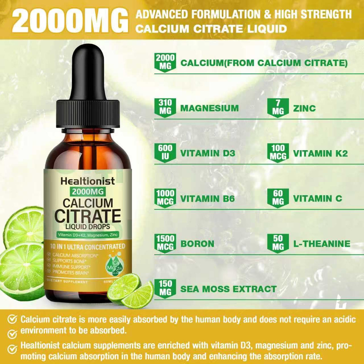 Gouttes de Calcium Citrate Healtionist versées dans une cuillère