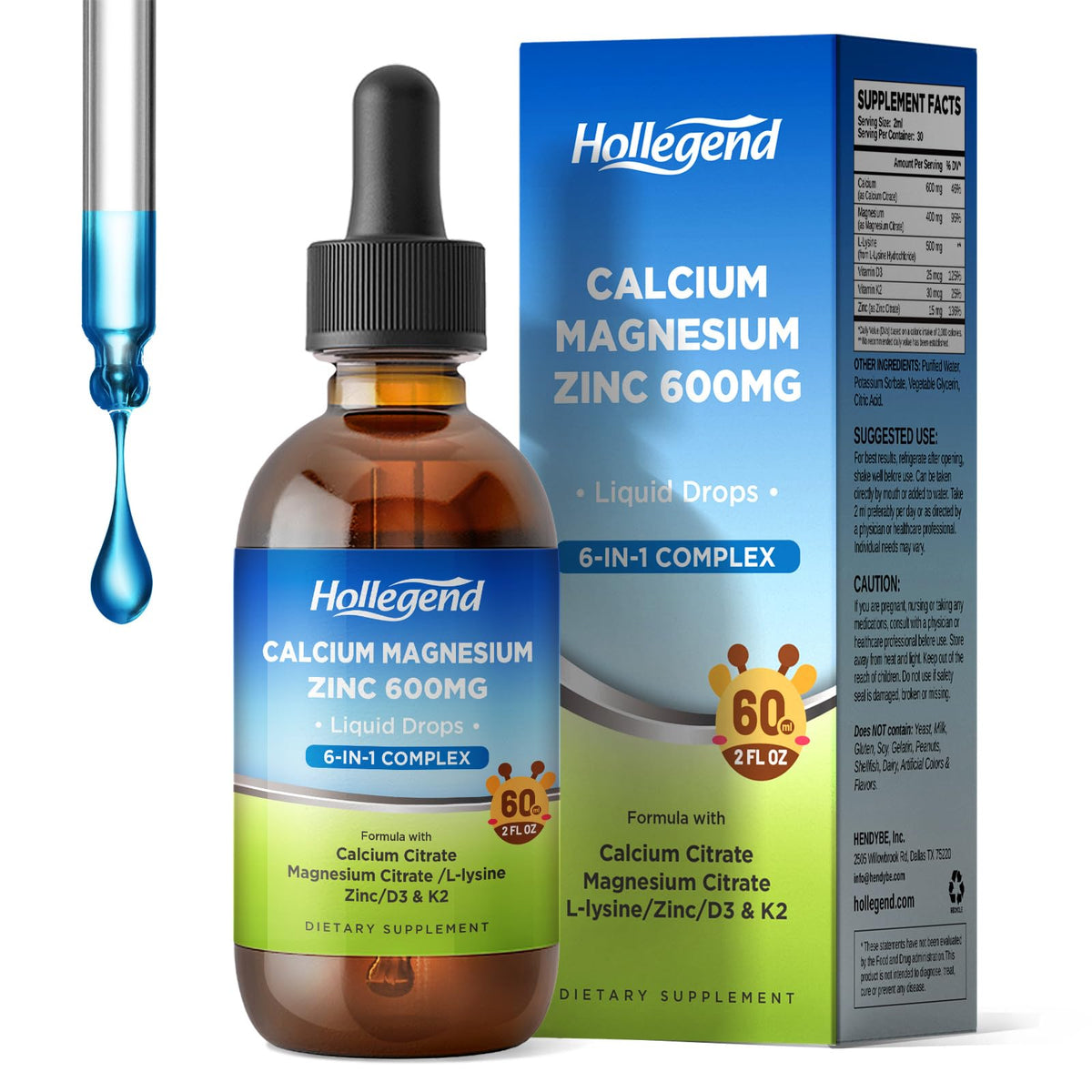 Gouttes de Calcium Citrate HOLLEGEND 600mg bouteille avant