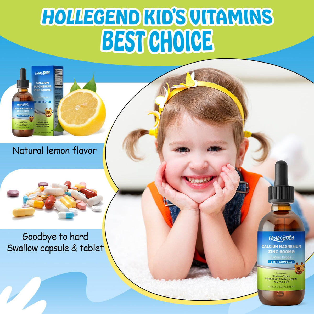 Gouttes de Calcium Citrate HOLLEGEND 600mg versées dans une cuillère