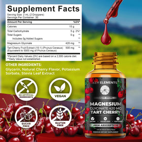 Gouttes de cerise acidulée à côté du flacon de magnésium glycinate liquide