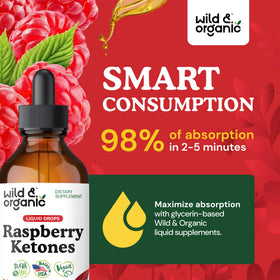 Gouttes de cétones de framboise Wild & Organic avec gouttes visibles sur une cuillère