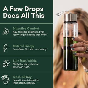 Gouttes de chlorophylle Greena 3000mg affichant l'étiquette et le goût citron-menthe