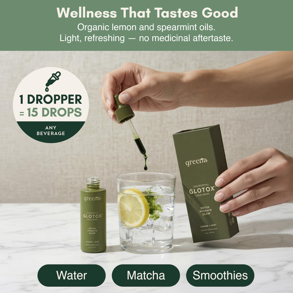 Gouttes de chlorophylle Greena 3000mg en utilisation dans un verre d'eau