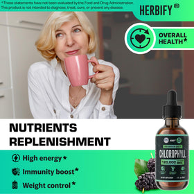 Gouttes de chlorophylle HERBIFY sur fond blanc