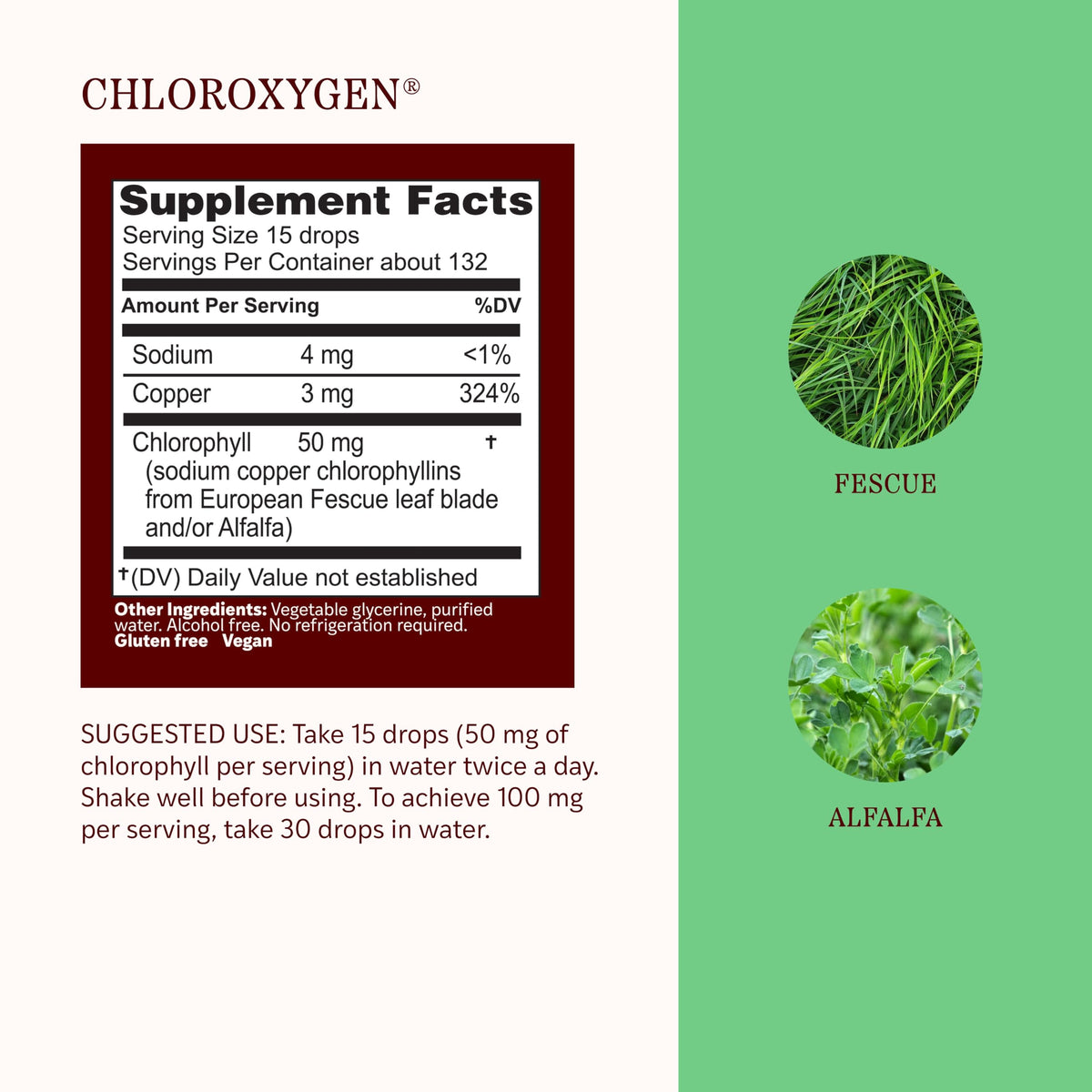 Gouttes de chlorophylle Herbs Etc. dans un verre d'eau