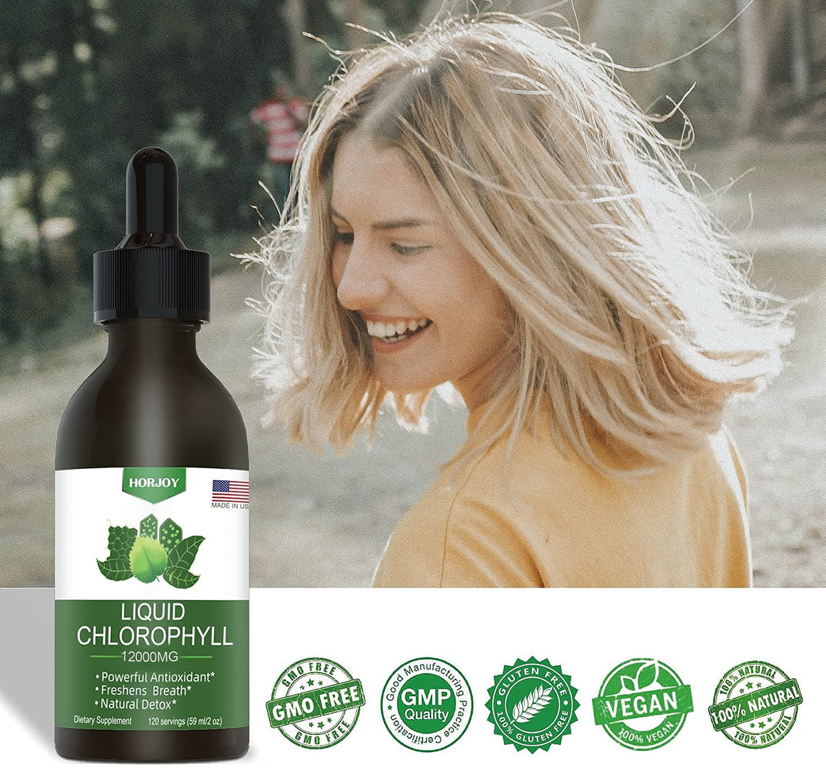 Gouttes de chlorophylle Horjoy avec un verre d'eau
