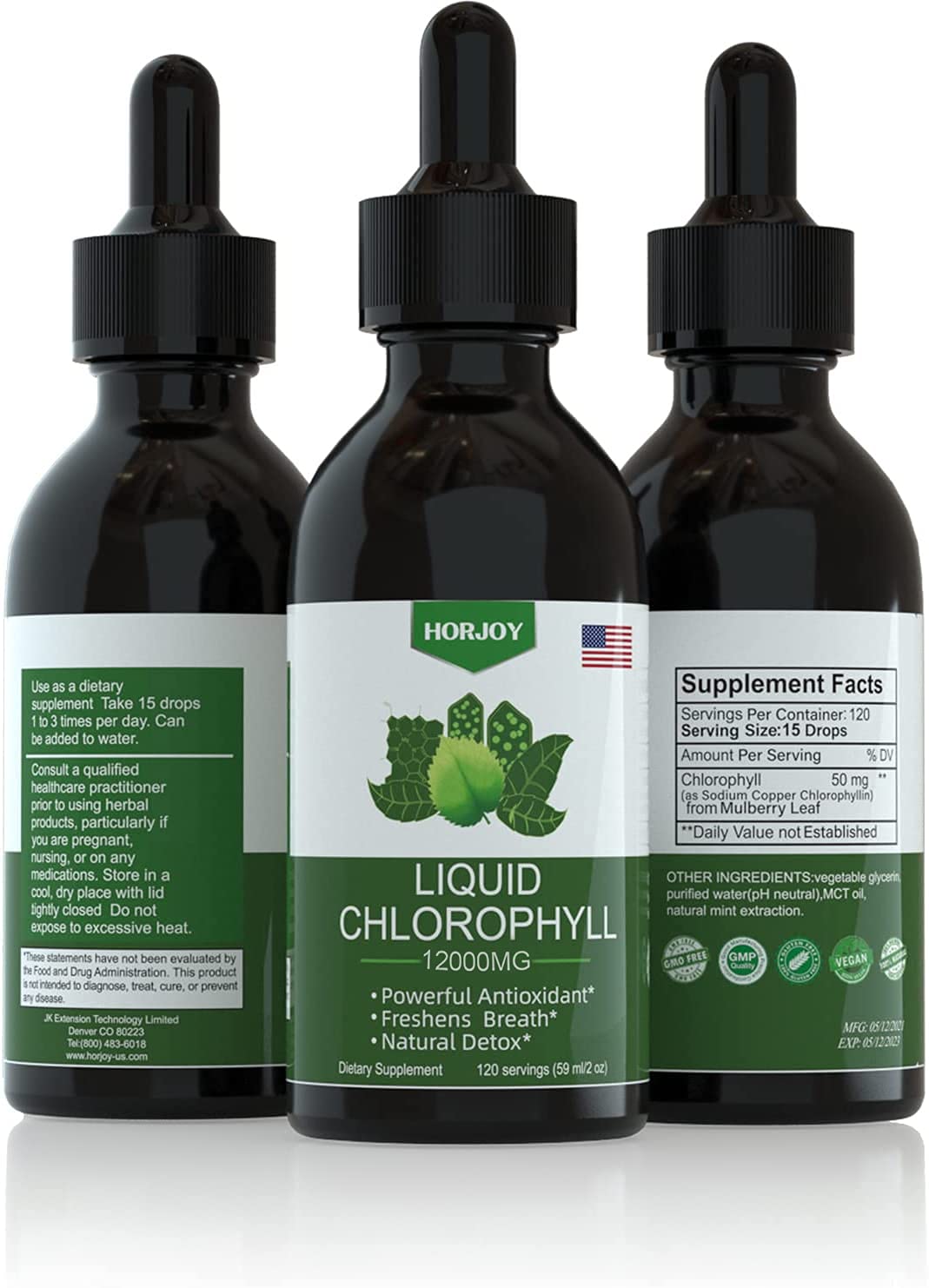 Gouttes de chlorophylle Horjoy flacon arrière avec ingrédients