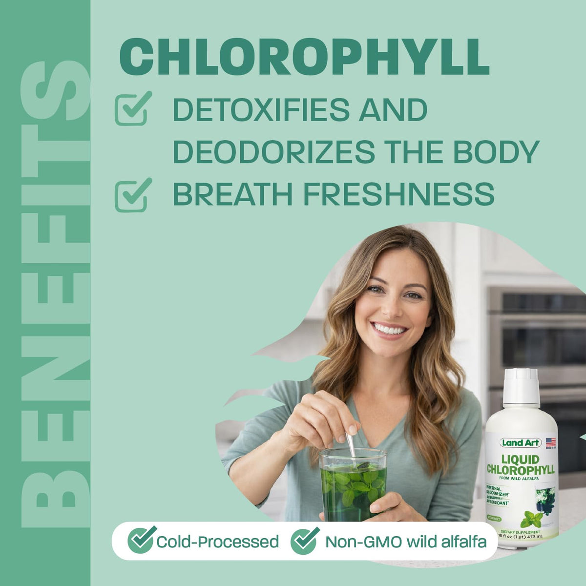 Gouttes de chlorophylle liquide avec une cuillère doseuse