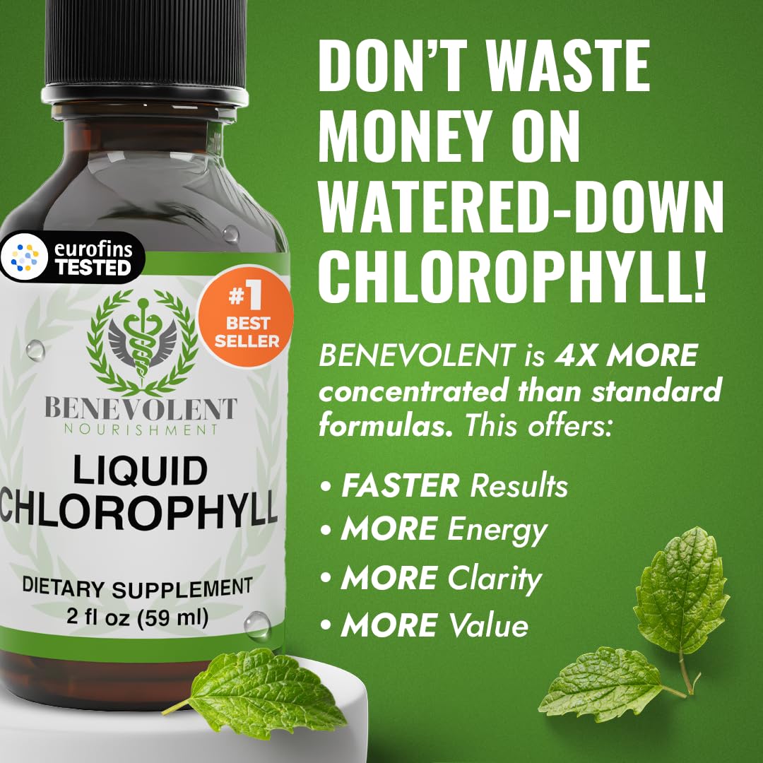 Gouttes de chlorophylle liquide Benevolent 141g avec bouchon ouvert