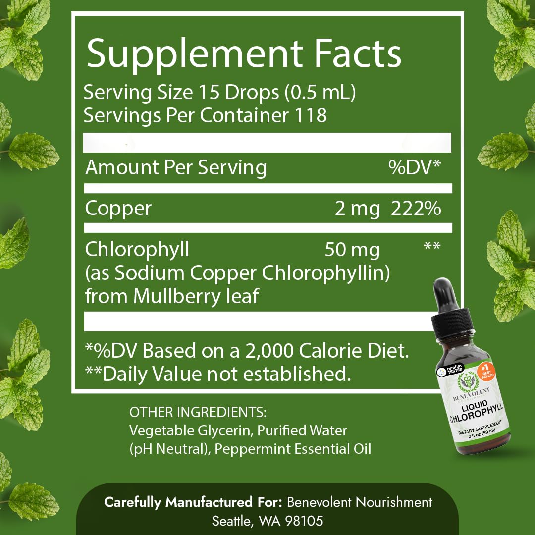Gouttes de chlorophylle liquide Benevolent avec étiquette visible