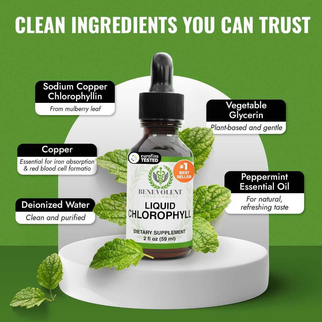Gouttes de chlorophylle liquide Benevolent avec verre d'eau