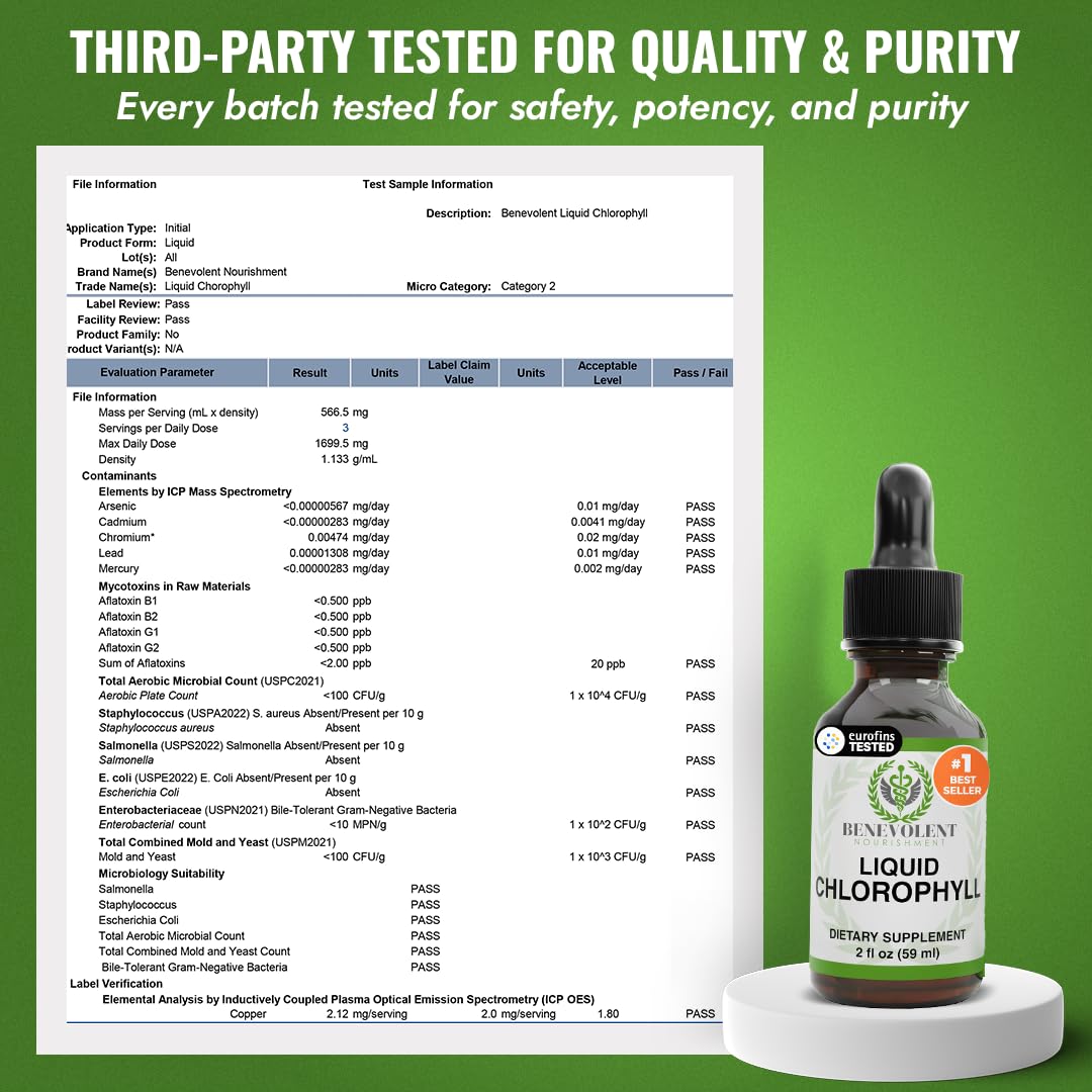 Gouttes de chlorophylle liquide Benevolent sur une table en bois