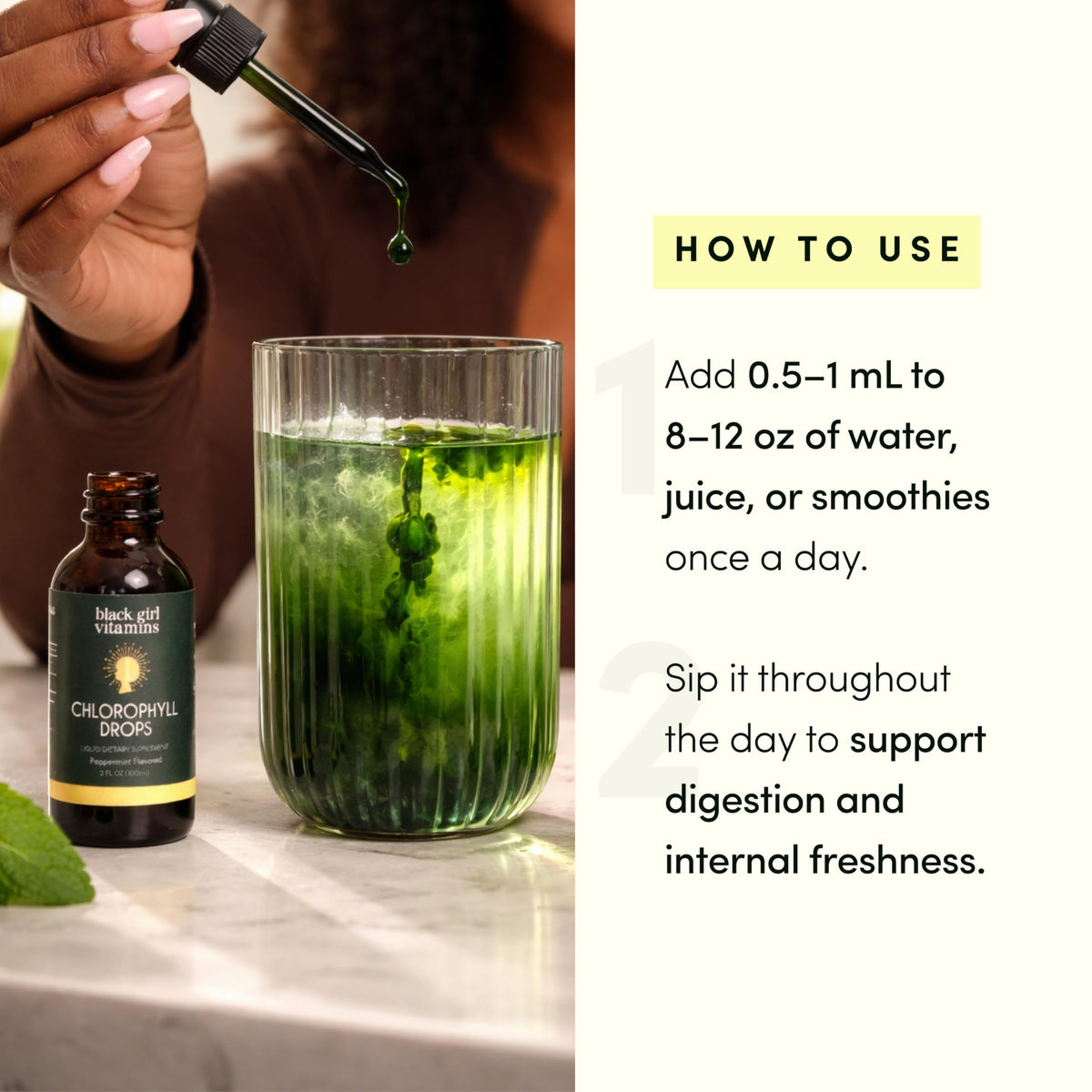 Gouttes de chlorophylle liquide Black Girl Vitamins, en cours de dilution dans un verre d'eau