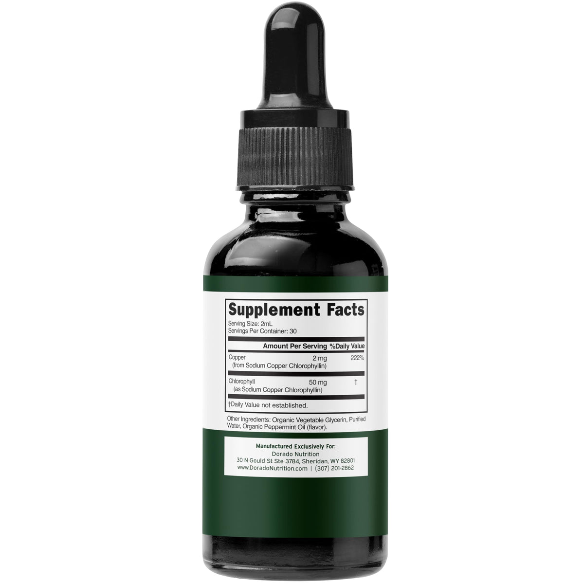Gouttes de chlorophylle liquide DORADO NUTRITION avec étiquette détaillée