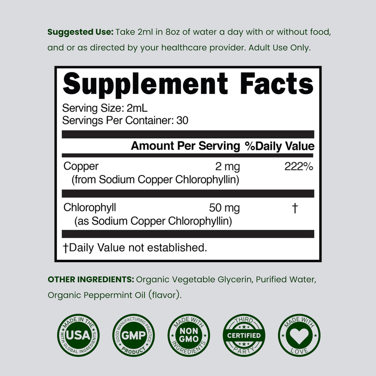 Gouttes de chlorophylle liquide DORADO NUTRITION avec ingrédients affichés