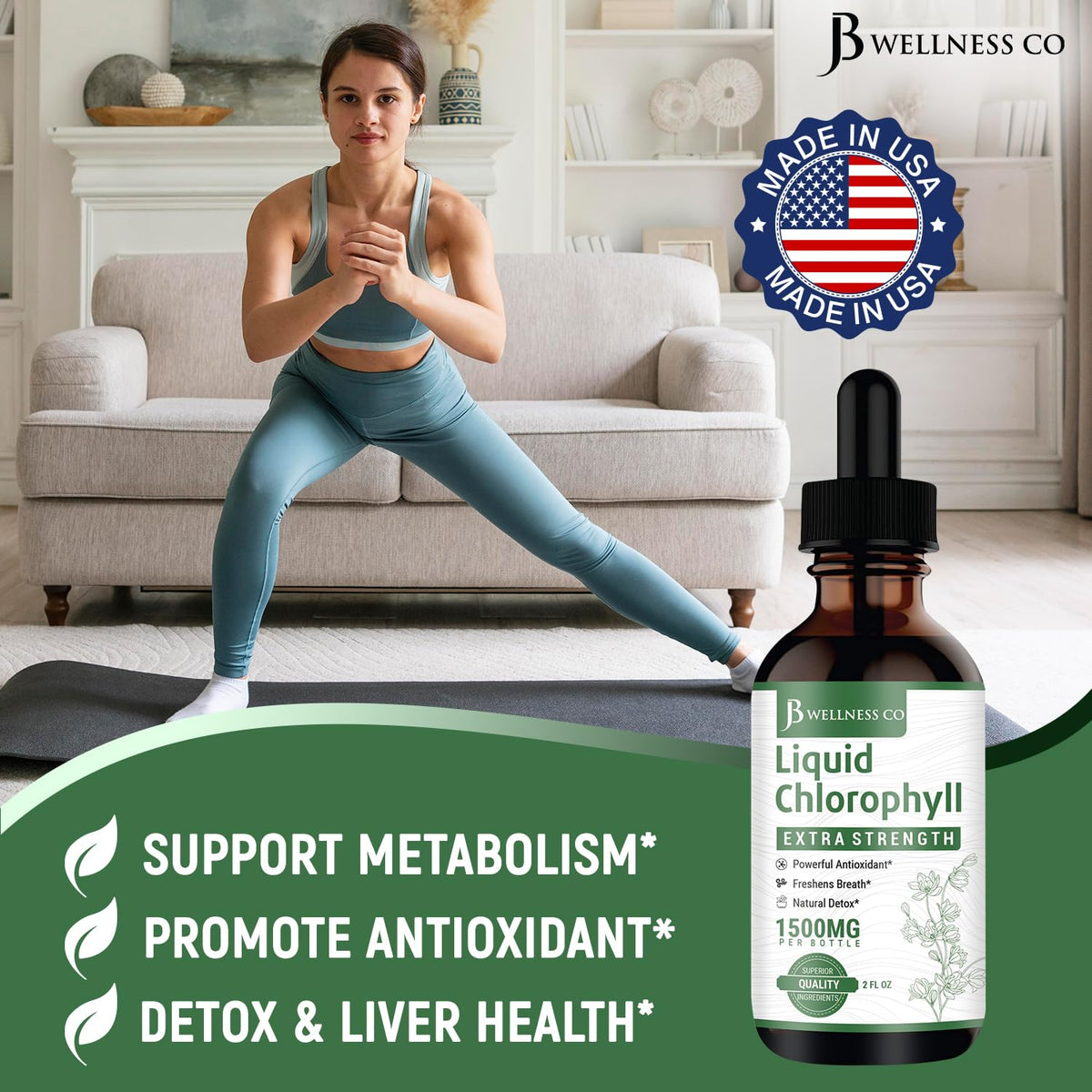 Gouttes de chlorophylle liquide JB Wellness Co avec étiquette