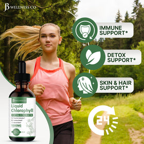 Gouttes de chlorophylle liquide JB Wellness Co avec verre d'eau