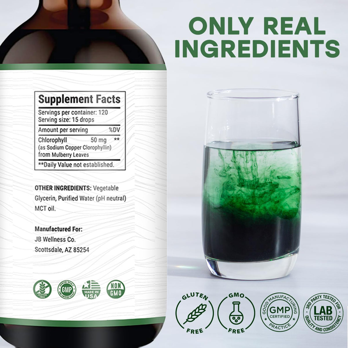 Gouttes de chlorophylle liquide JB Wellness Co flacon arrière