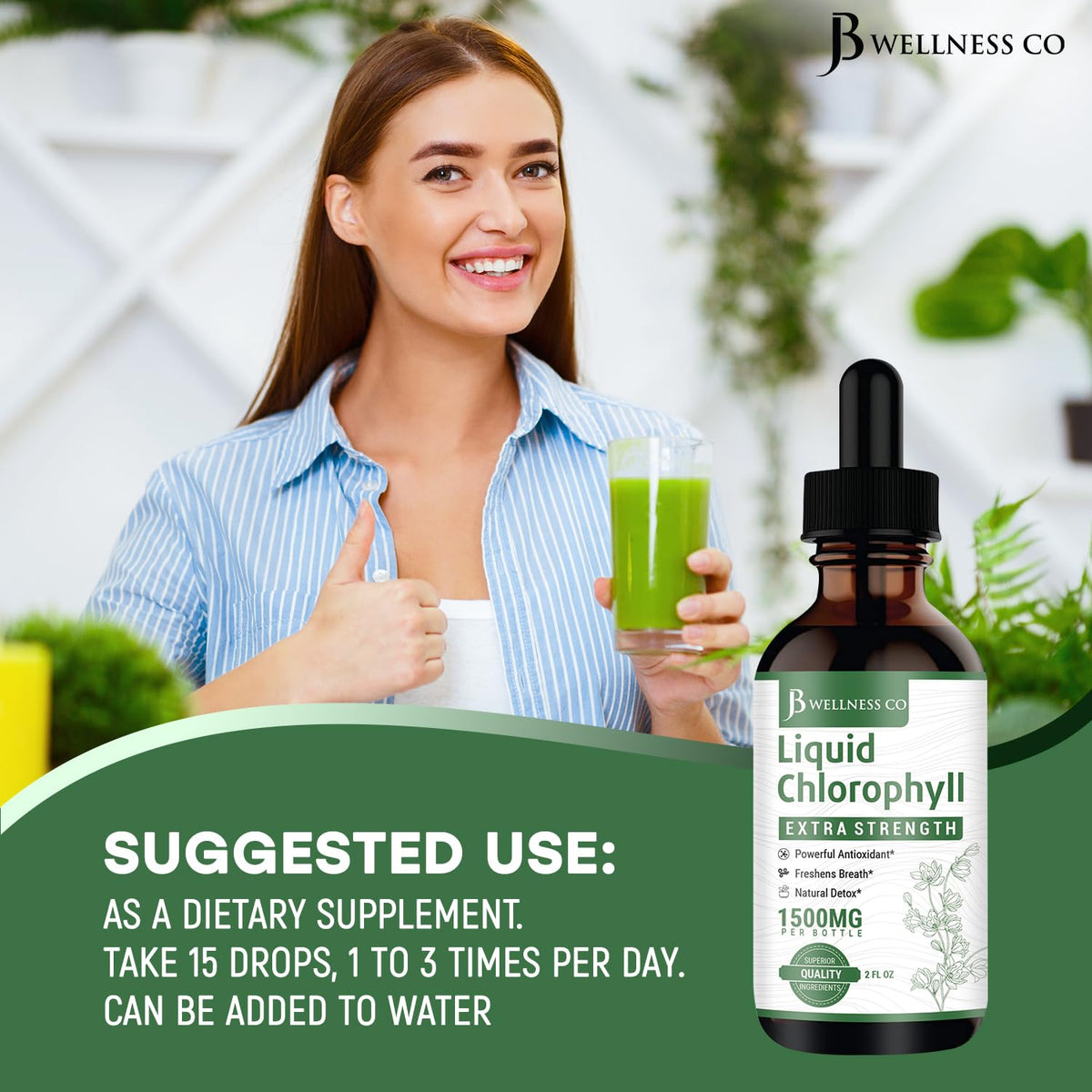 Gouttes de chlorophylle liquide JB Wellness Co sur une table