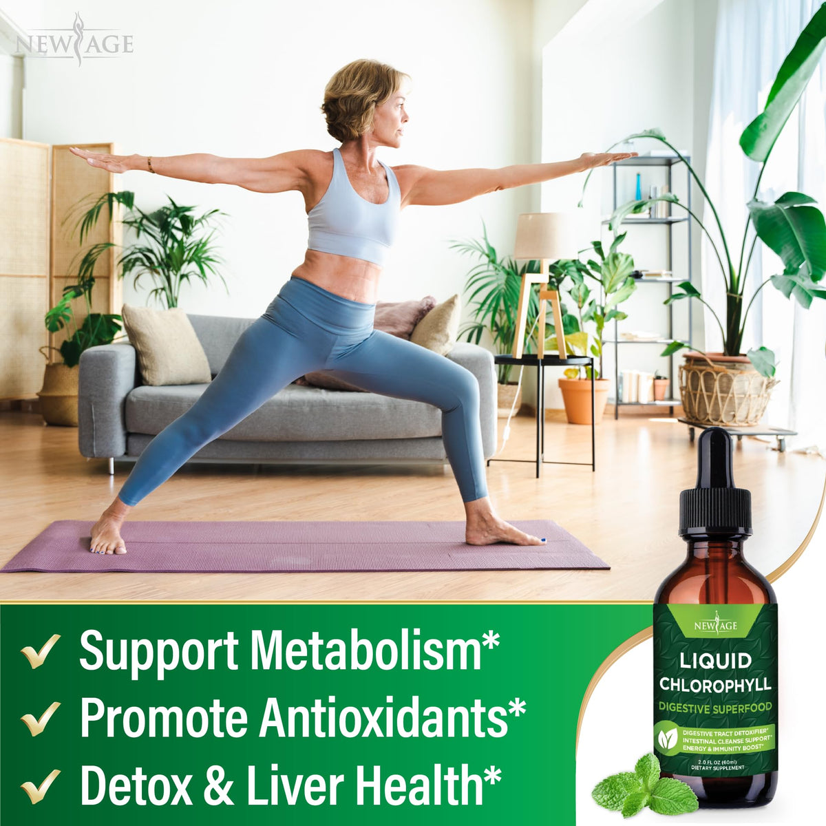 Gouttes de chlorophylle liquide NEW AGE sur une table en bois