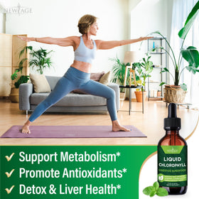 Gouttes de chlorophylle liquide NEW AGE sur une table en bois