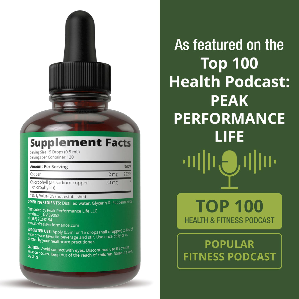 Gouttes de chlorophylle liquide Peak Performance avec ingrédients