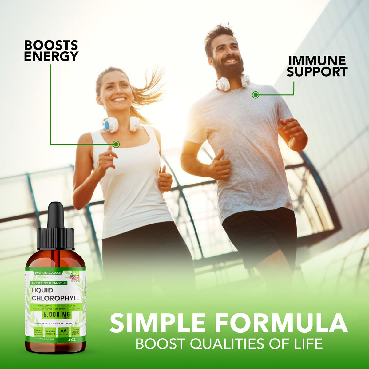 Gouttes de chlorophylle liquide Super Natural Goods sur un comptoir