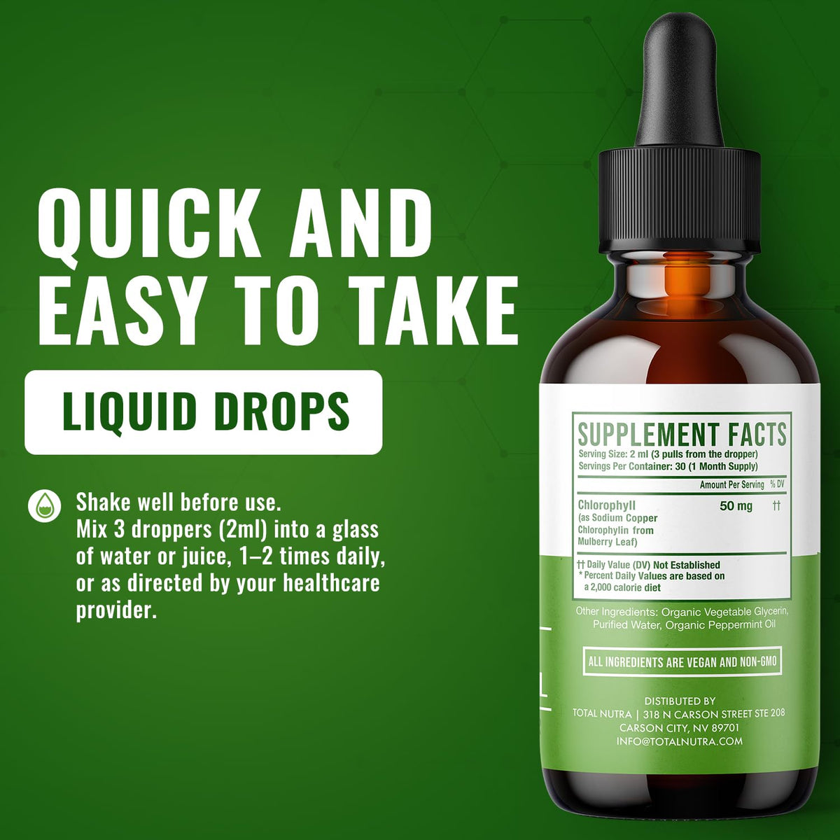 Gouttes de chlorophylle liquide Total Nutra 50mg sur une table en bois