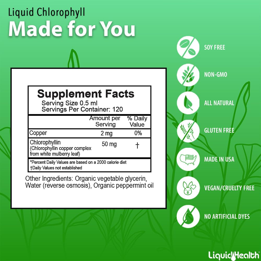 Gouttes de chlorophylle LIQUIDHEALTH à côté de feuilles de mûrier