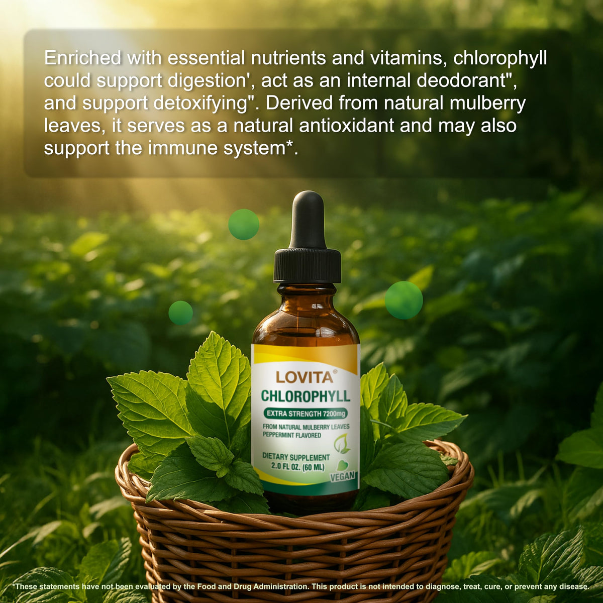 Gouttes de chlorophylle LOVITA sur un fond blanc