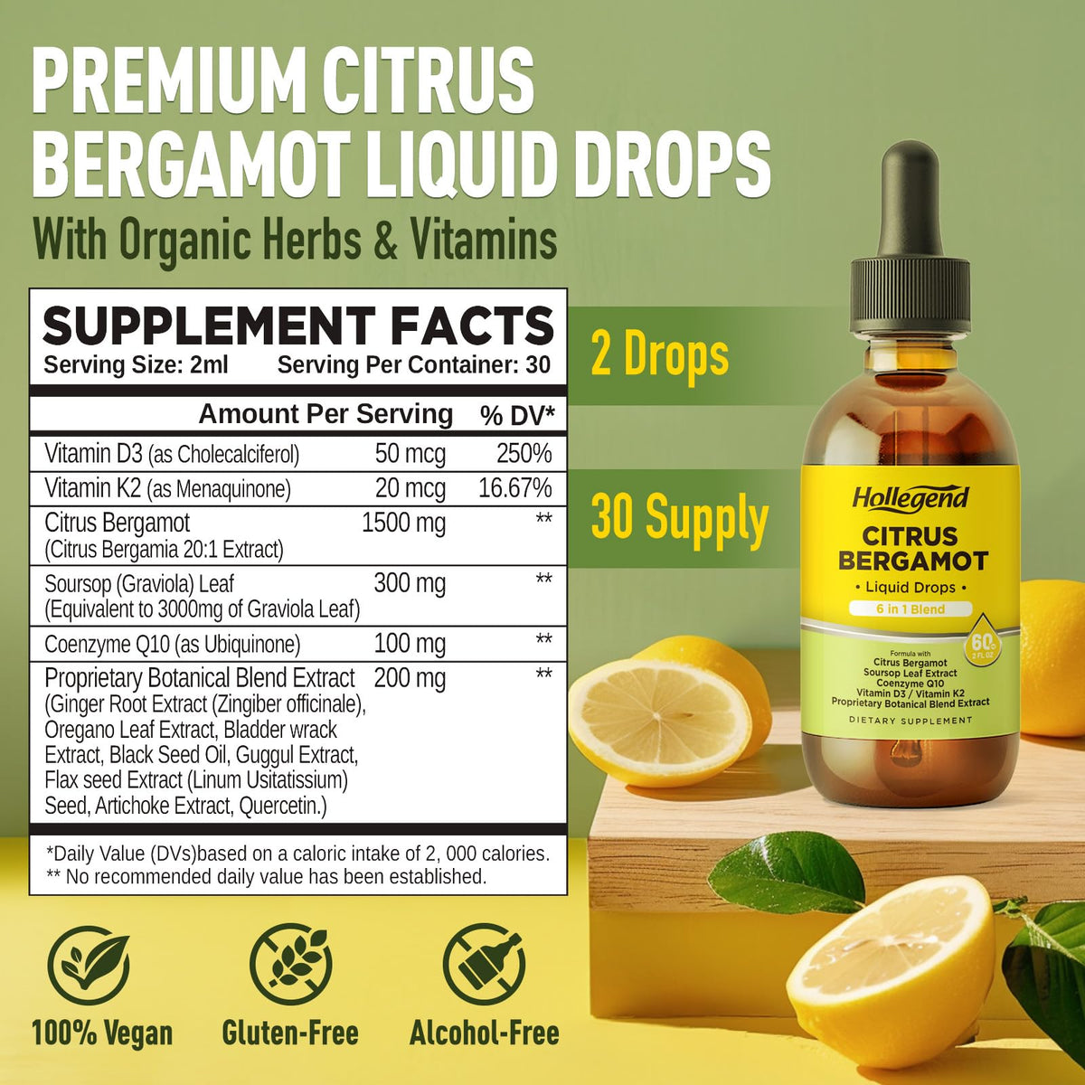 Gouttes de Citrus Bergamot HOLLEGEND avec étiquette et dosage