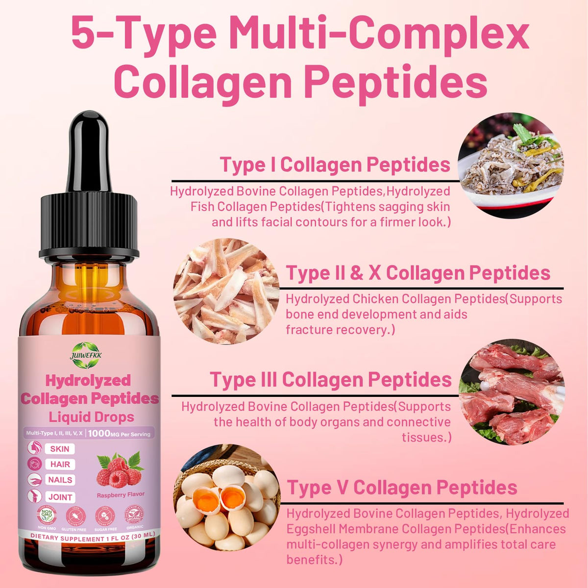 Gouttes de collagène liquide JUIWEFKK avec étiquette et bouchon