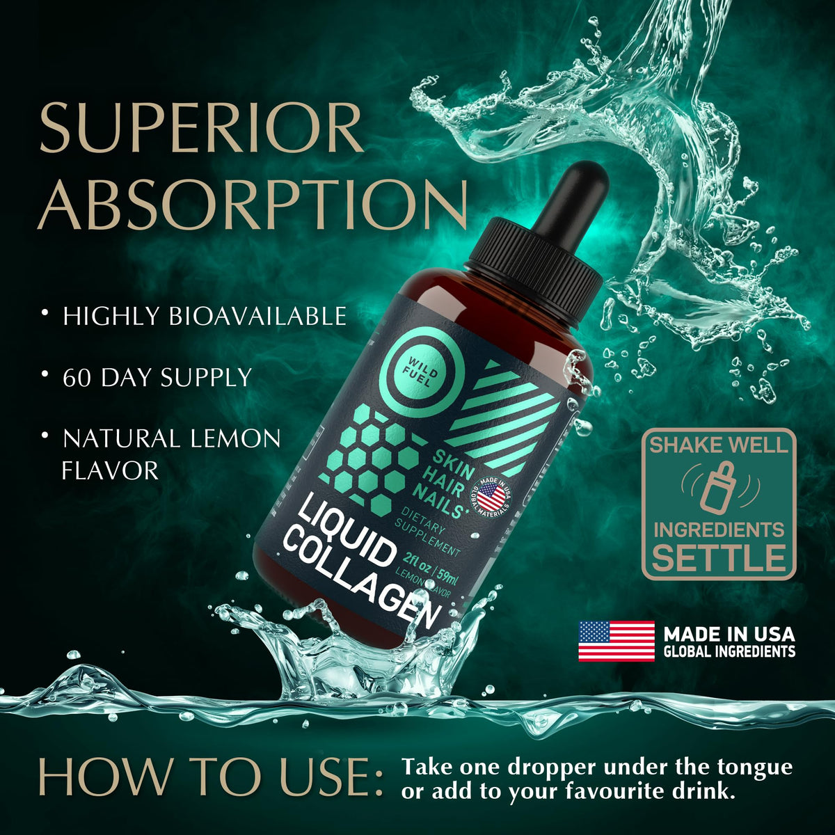 Gouttes de collagène liquide WILD FUEL versées sur une cuillère
