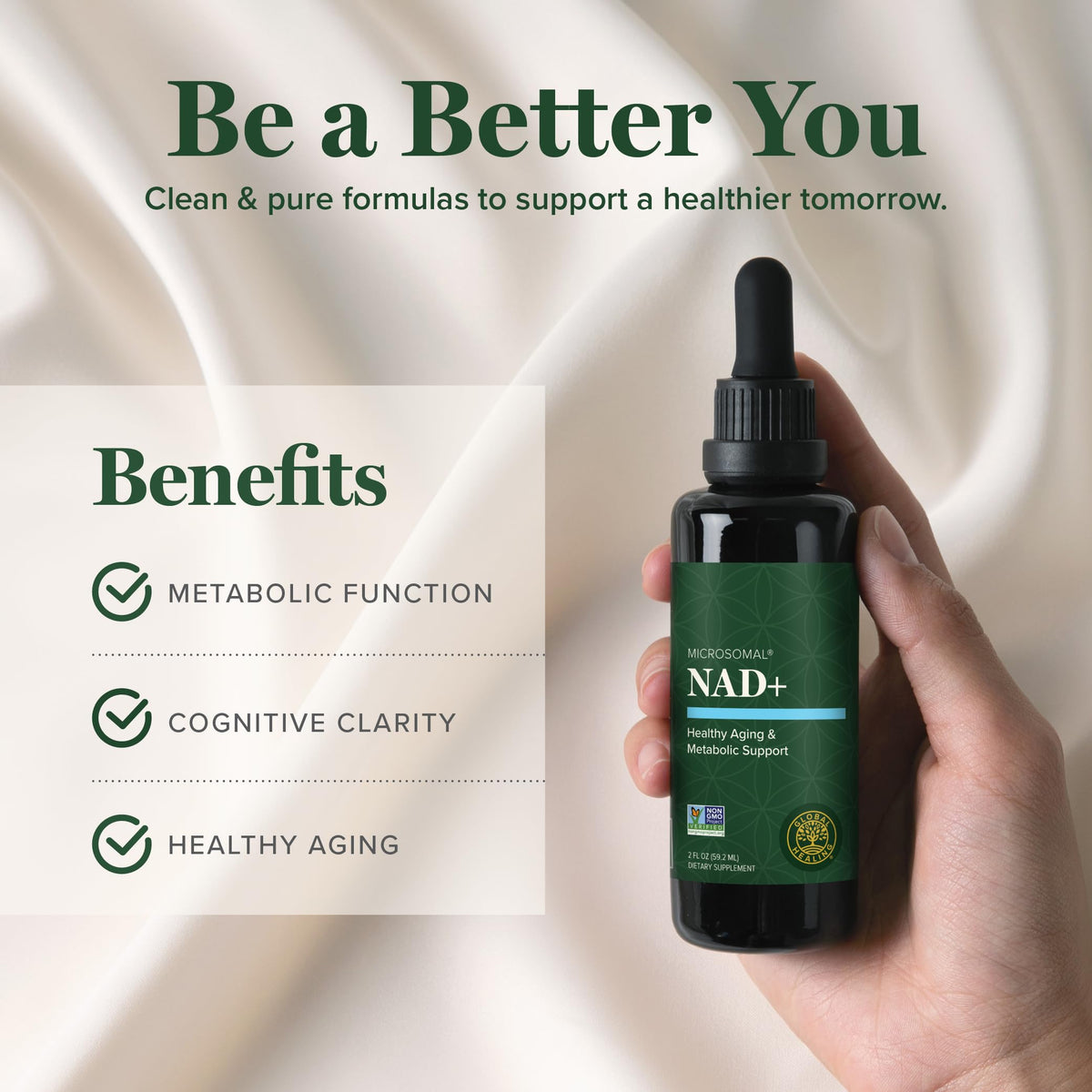 Gouttes de complément liquide NAD+ Global Healing Center versées sur une cuillère