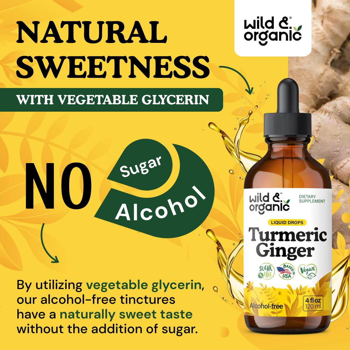 Gouttes de complément Wild & Organic au curcuma et gingembre sur une cuillère