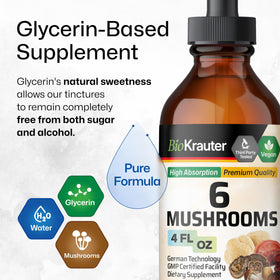 Gouttes de complexe de champignons BIO KRAUTER dans un verre d'eau
