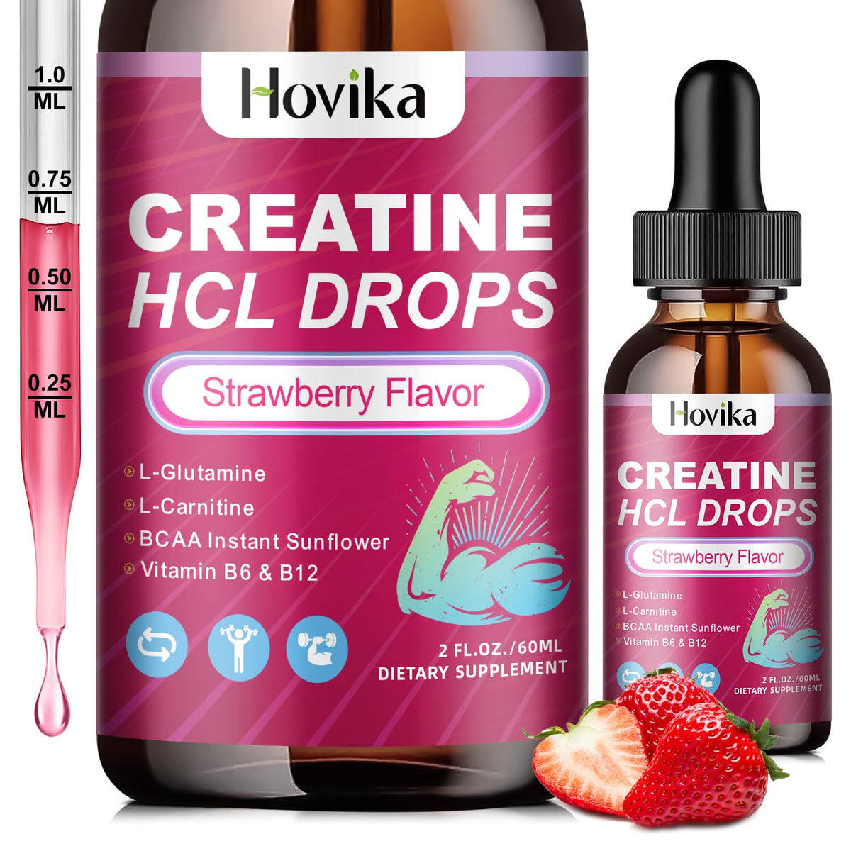 Gouttes de créatine HCL Hovika 1500 mg saveur fraise devant l'emballage