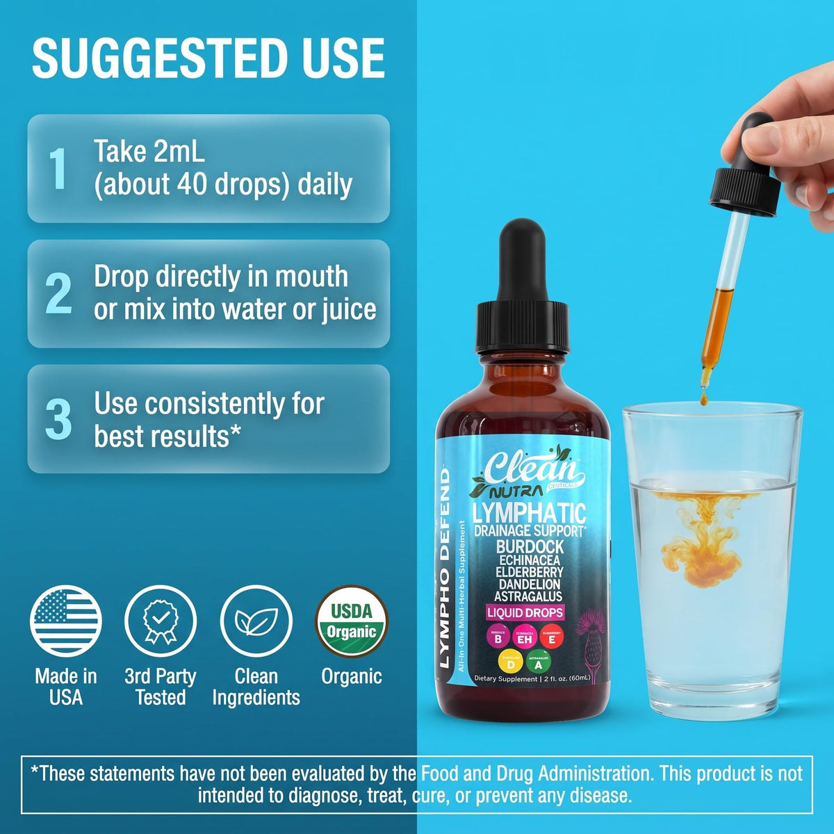 Gouttes de drainage lymphatique Clean Nutraceuticals avec verre d'eau