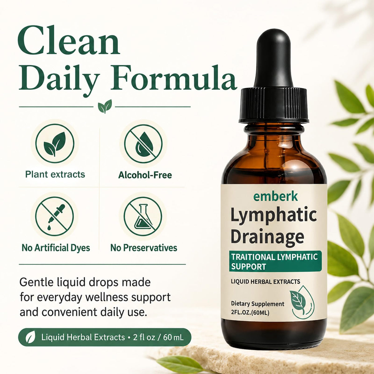 Gouttes de drainage lymphatique vegan avec des plantes