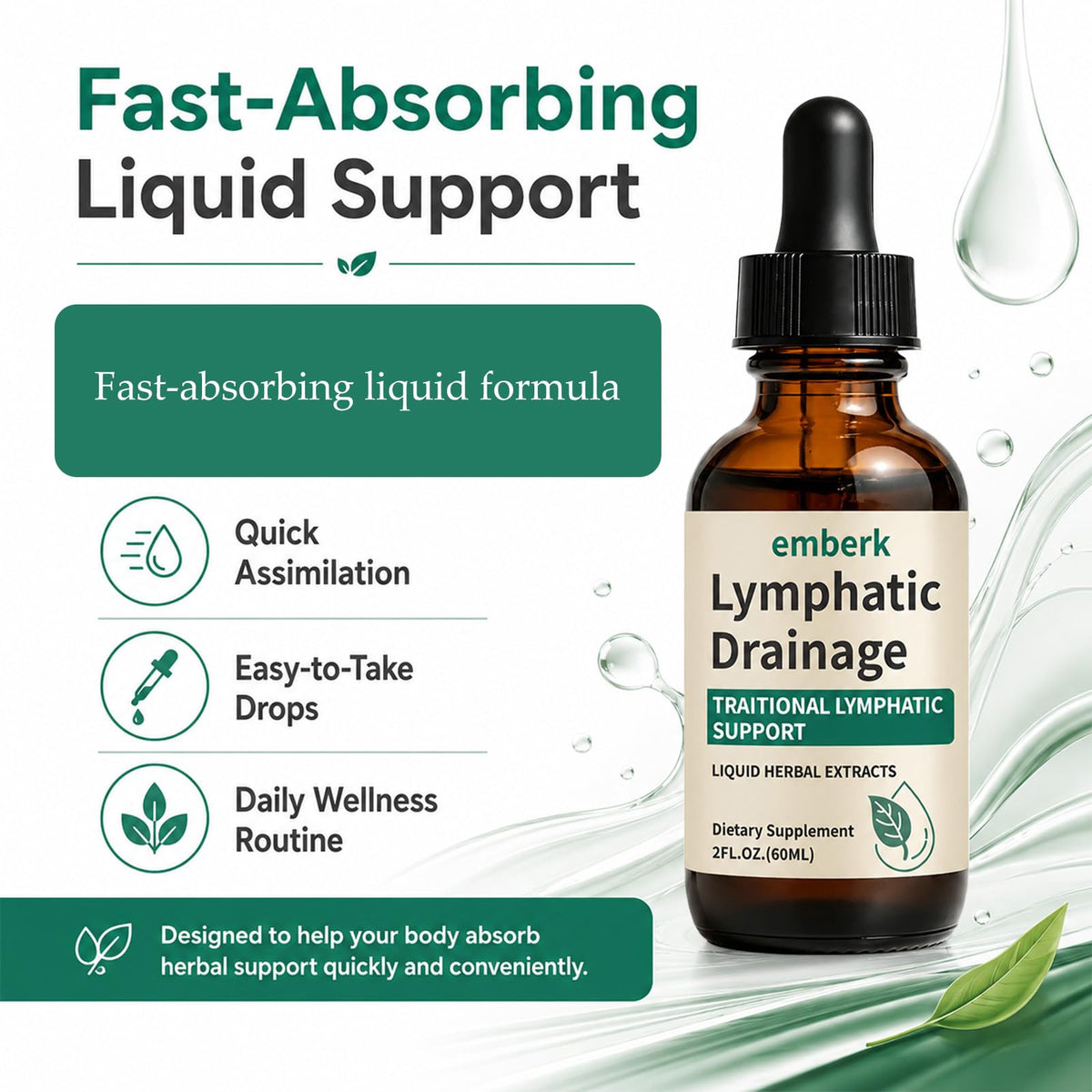 Gouttes de drainage lymphatique vegan sur une surface en bois