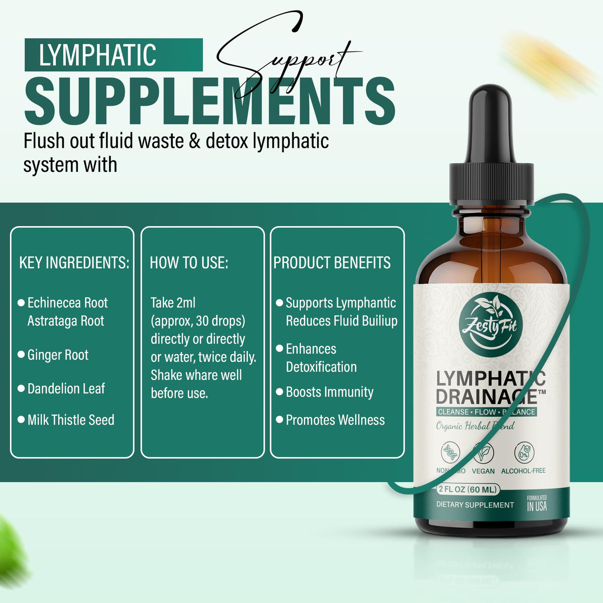 Gouttes de Drainage Lymphatique zestyfit versées dans une cuillère