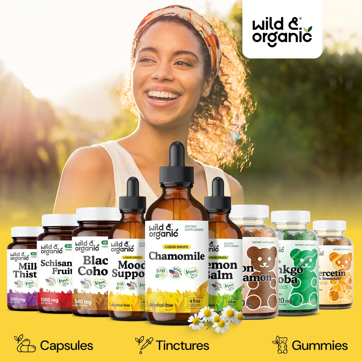 Gouttes de fleurs de camomille Wild & Organic avec ingrédients naturels