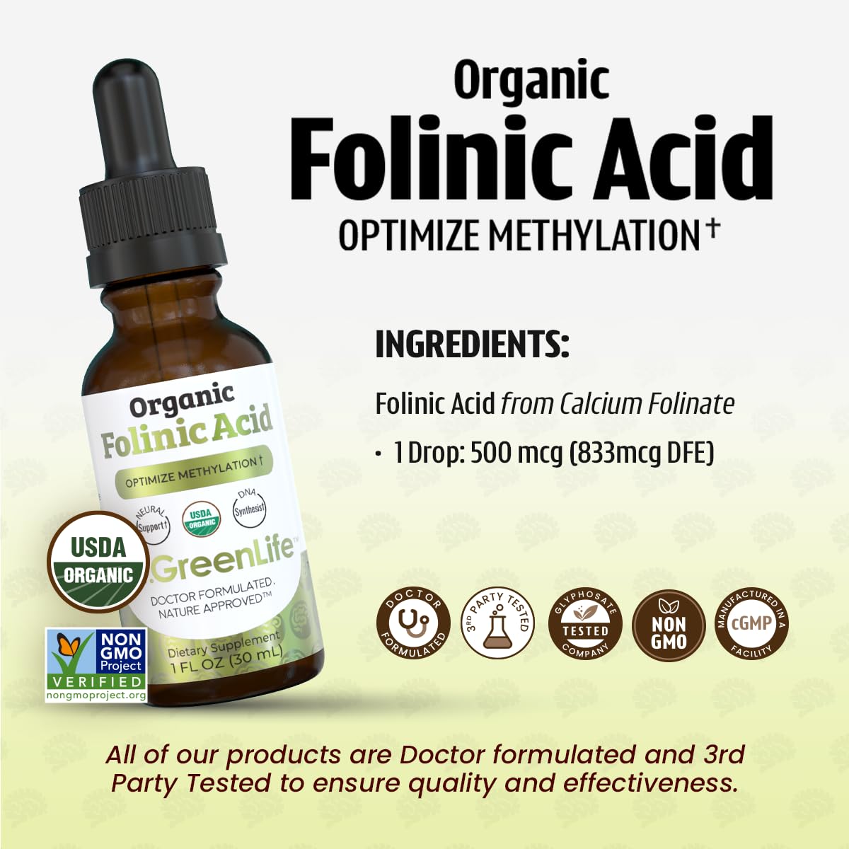 Gouttes de Folate Folinique Dr. Green Mom mélangées dans un verre d'eau