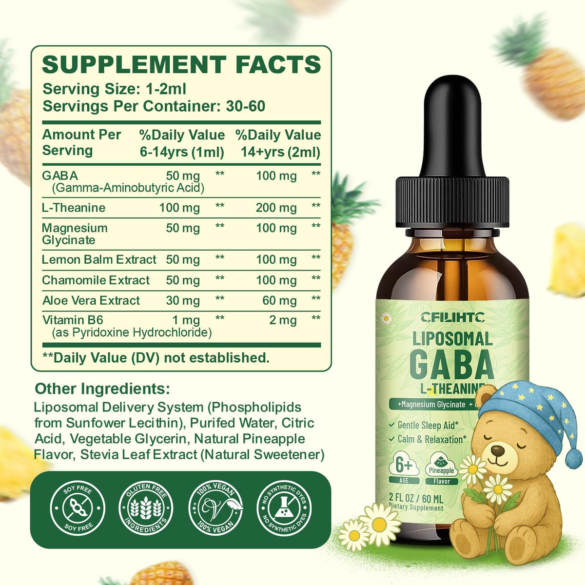 Gouttes de GABA Liposomal L-Théanine CFILIHTC ingrédients sur l'étiquette