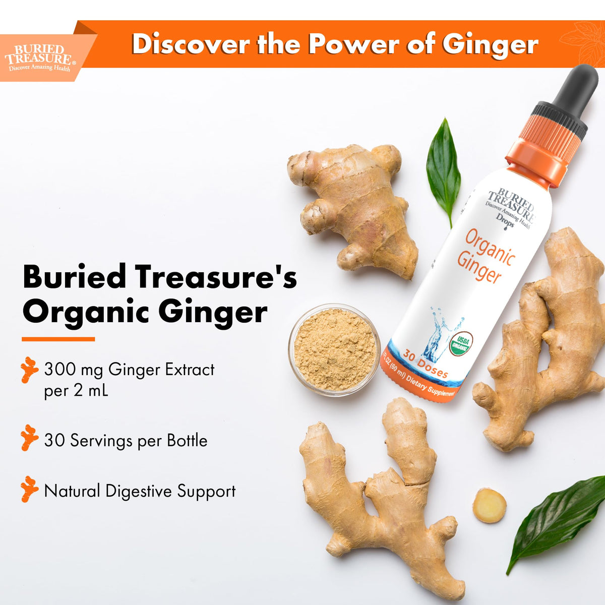 Gouttes de gingembre bio Buried Treasure avec une cuillère