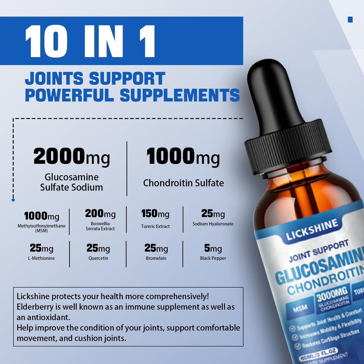 Gouttes de glucosamine chondroïtine Lickshine sur fond blanc